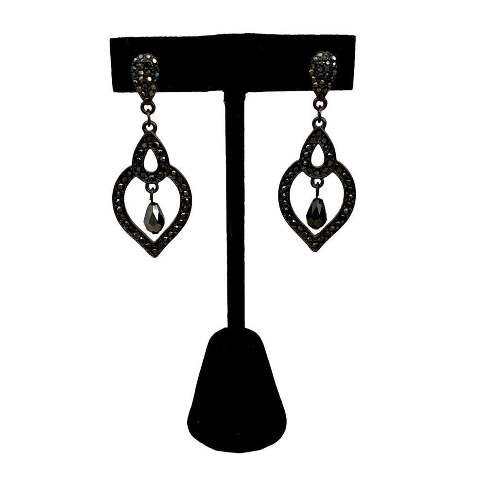 Jet Black Micro Crystal Teardrop Shaped Dangle Statement Earrings Women’s OS